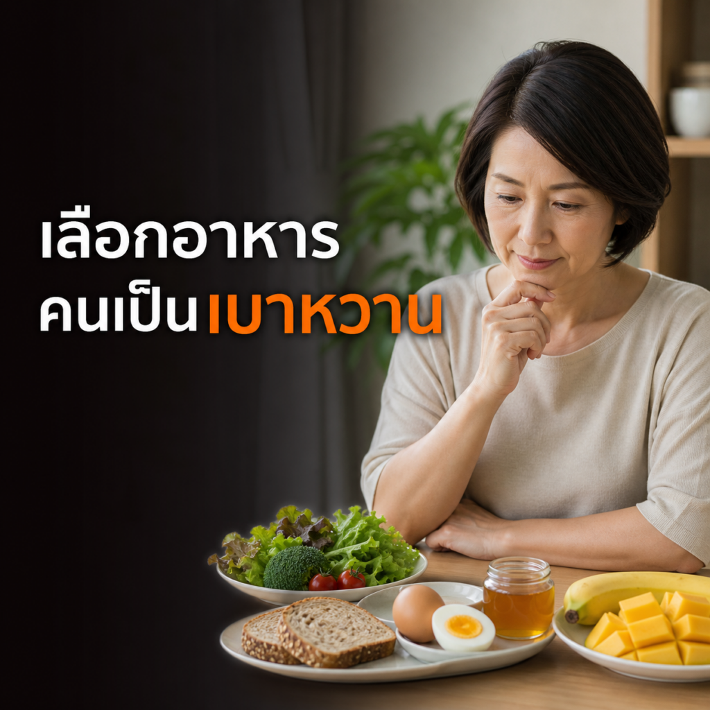 ผู้ใหญ่กำลังเลือกอาหาร สมดุลมีขนมปัง ผลไม้ ไข่ และน้ำผึ้ง สำหรับคนเป็นเบาหวาน