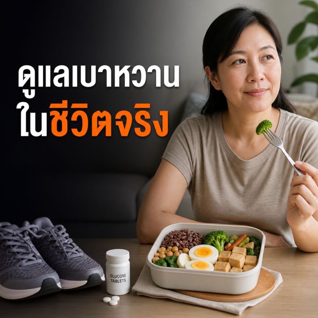 ผู้ใหญ่เตรียมอาหารกล่องและอุปกรณ์ออกกำลังกายเพื่อดูแลเบาหวานในชีวิตจริง