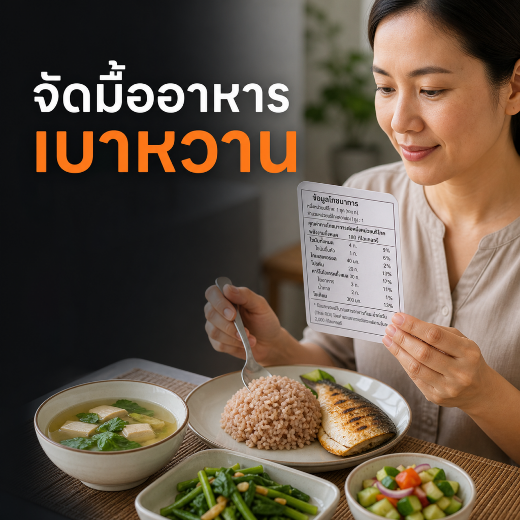 ผู้ใหญ่อ่านฉลากและจัดมื้ออาหารไทยสมดุลสำหรับคนเป็นเบาหวาน
