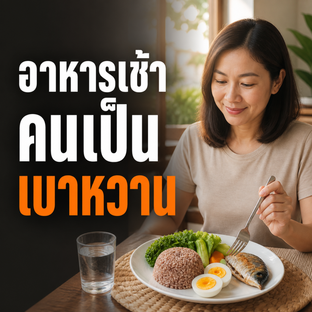 อาหารเช้าสมดุลประกอบด้วยข้าว ปลา ไข่ และผักสำหรับคนเป็นเบาหวาน