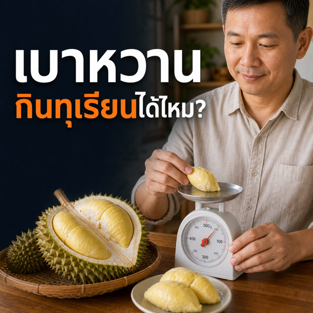 ผู้ชายไทยชั่งทุเรียนส่วนเล็กสำหรับวางแผนอาหารเบาหวาน