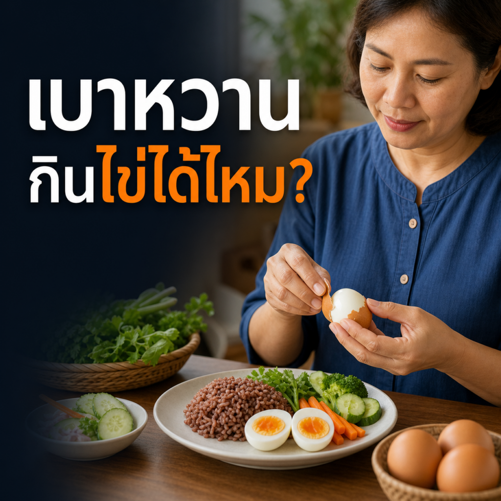 ผู้หญิงไทยเตรียมไข่ต้มกับผักและข้าวกล้องสำหรับคนเป็นเบาหวาน