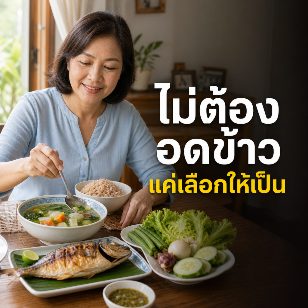 ผู้หญิงกำลังเลือกข้าวกล้อง ปลา ผัก และแกงจืดเป็นอาหารสำหรับผู้ป่วยเบาหวาน