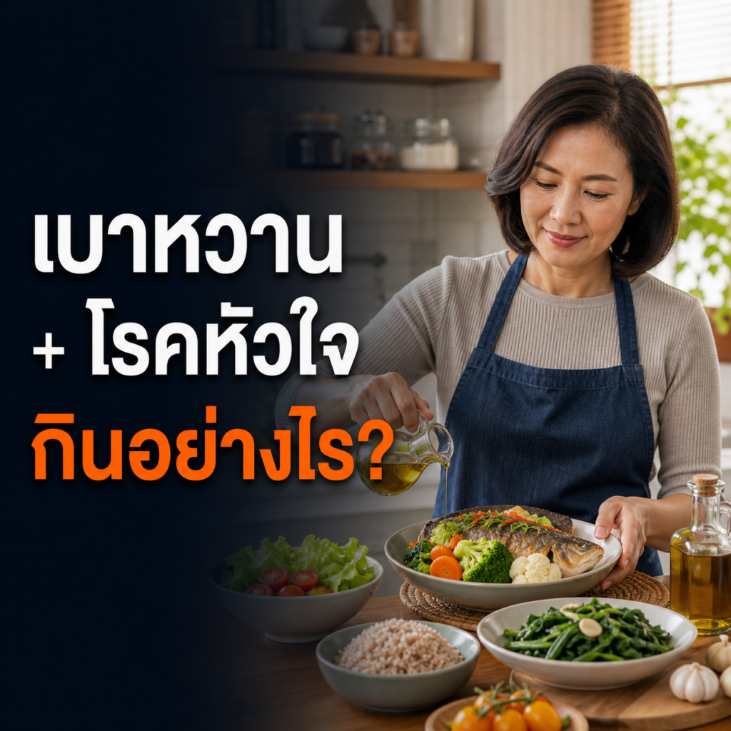 ผู้หญิงไทยจัดมื้อที่มีปลา ผัก และข้าวกล้องเพื่อดูแลเบาหวานและหัวใจ