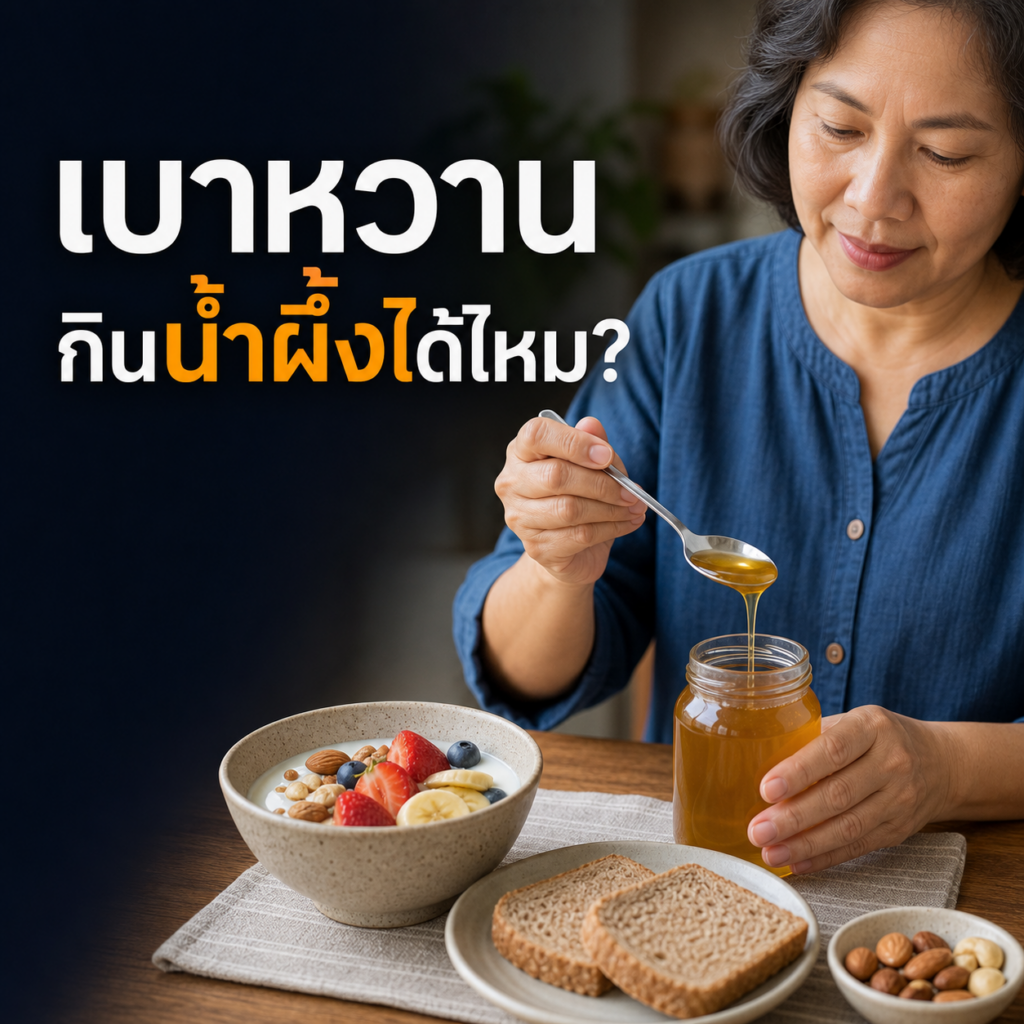 ผู้หญิงไทยตวงน้ำผึ้งด้วยช้อนเพื่อควบคุมปริมาณน้ำตาล