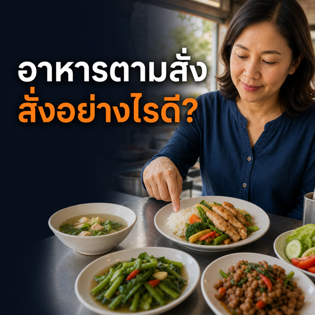 ผู้หญิงไทยเลือกอาหารตามสั่งที่มีข้าว ผัก และโปรตีนสมดุล