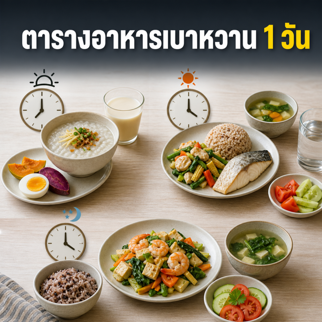 ตารางตัวอย่างมื้อเช้า กลางวัน เย็น สำหรับผู้ป่วยเบาหวาน