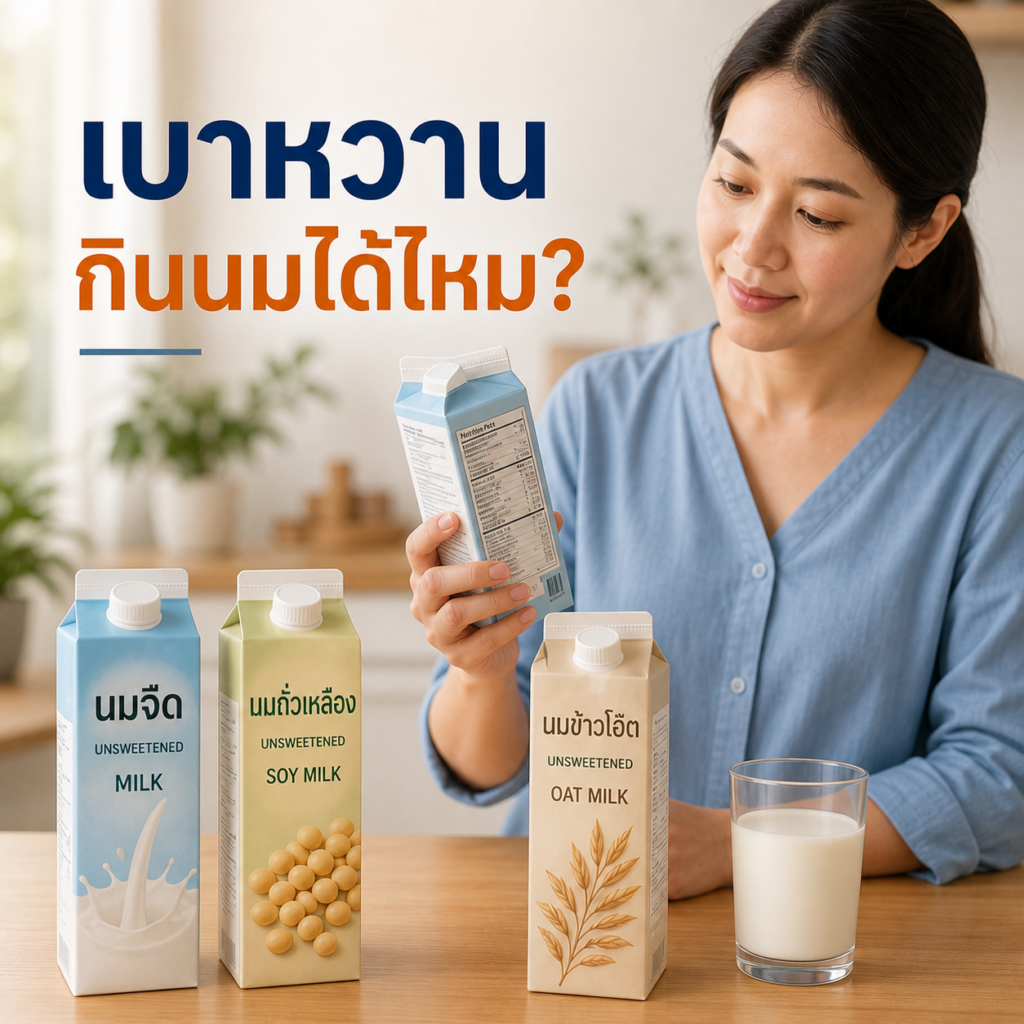 ผู้ใหญ่อ่านฉลากนมจืด นมถั่วเหลือง และนมโอ๊ตสำหรับผู้ป่วยเบาหวาน