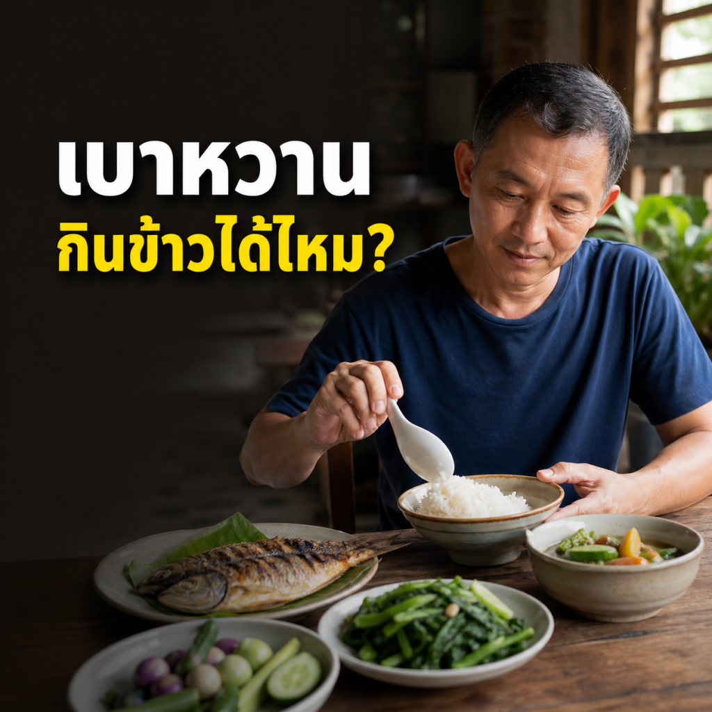 ผู้ใหญ่กำลังเลือกข้าวในปริมาณพอดีพร้อมปลาและผัก สำหรับอาหารเบาหวาน