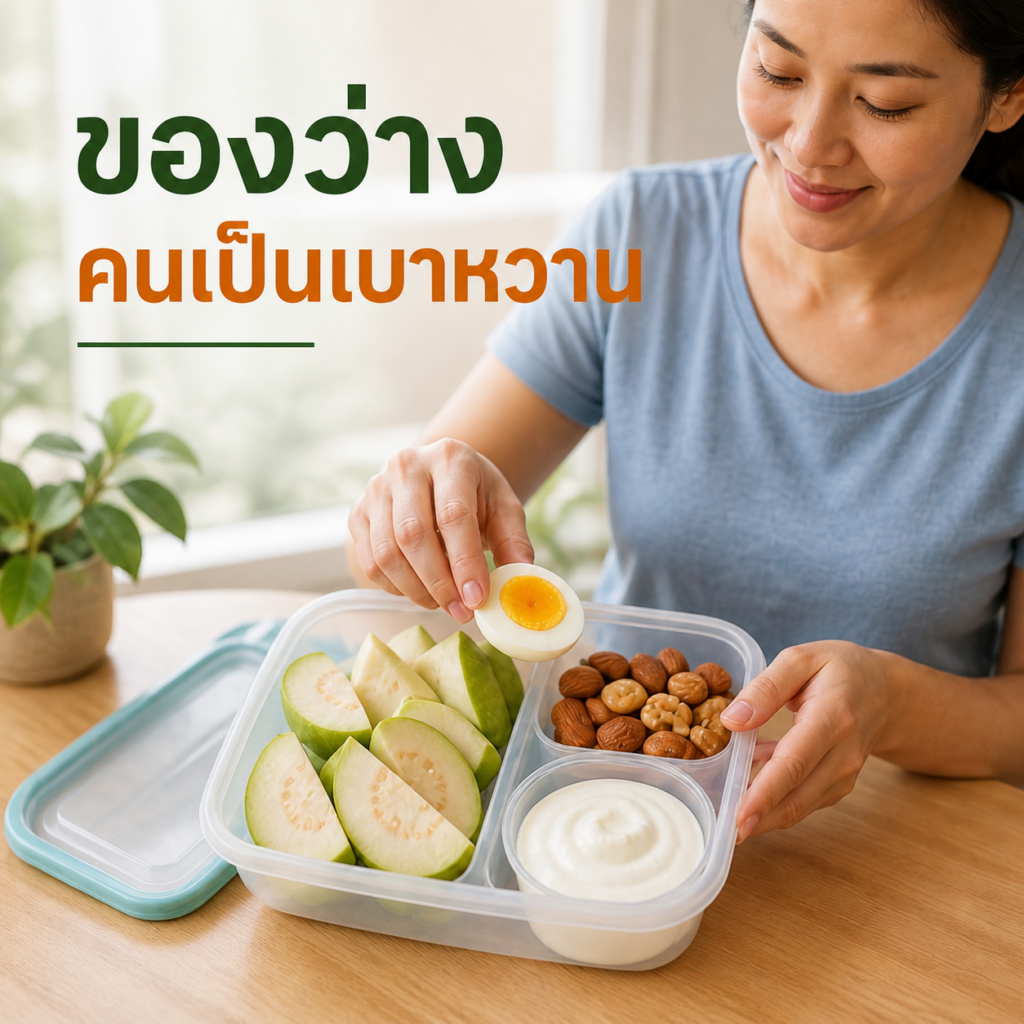 กล่องของว่างประกอบด้วยไข่ต้ม ฝรั่ง ถั่ว และโยเกิร์ตรสธรรมชาติสำหรับผู้ป่วยเบาหวาน