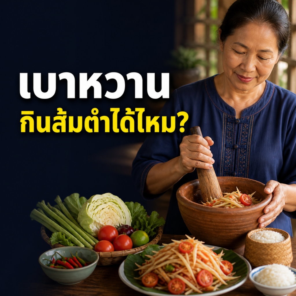 ผู้หญิงไทยทำส้มตำหวานน้อยเค็มน้อยสำหรับคนเป็นเบาหวาน