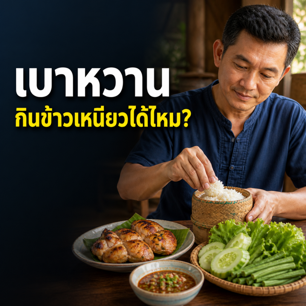 ผู้ชายไทยแบ่งข้าวเหนียวส่วนพอดีกับไก่ย่างและผัก