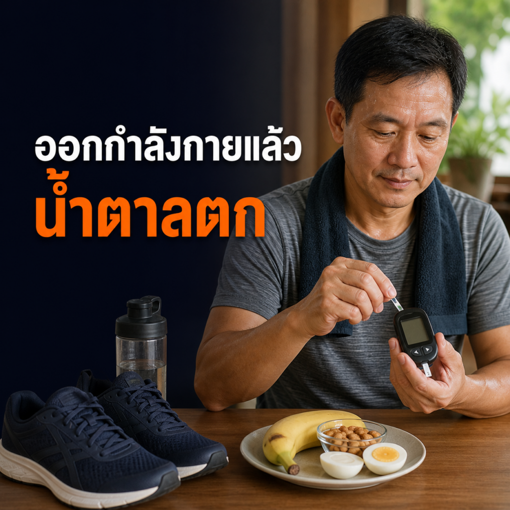 ผู้ชายไทยตรวจระดับน้ำตาลหลังออกกำลังกายพร้อมของว่างที่วางแผนไว้