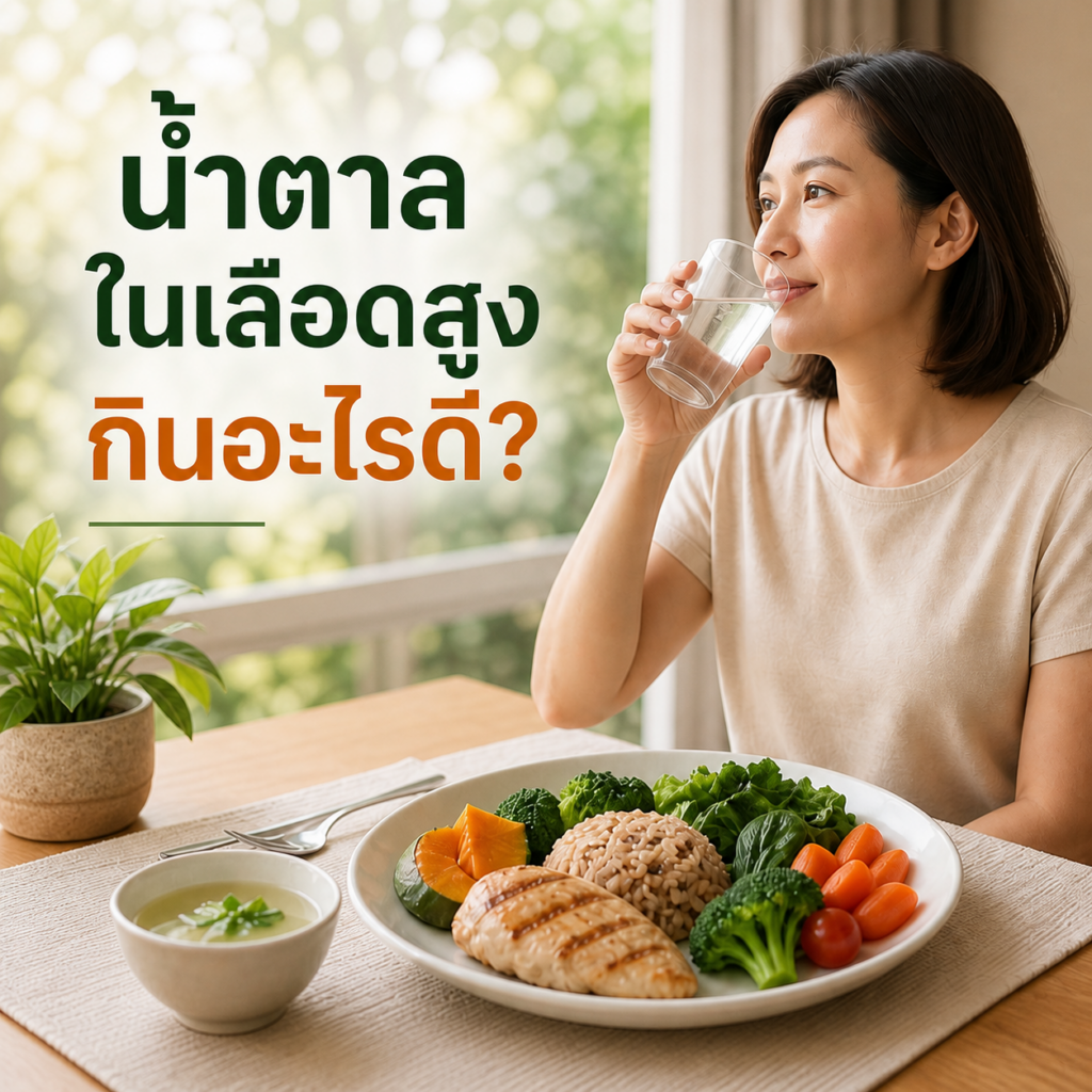 ผู้ใหญ่ดื่มน้ำและเลือกจานอาหารสมดุลเมื่อมีน้ำตาลในเลือดสูง